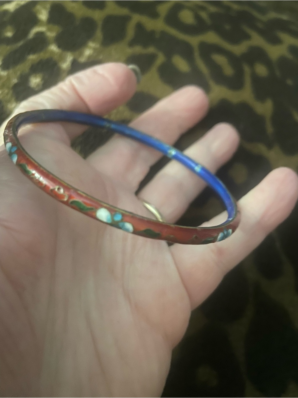 Red and Blue Chinese Floral Cloisonné Bangle Bracelet